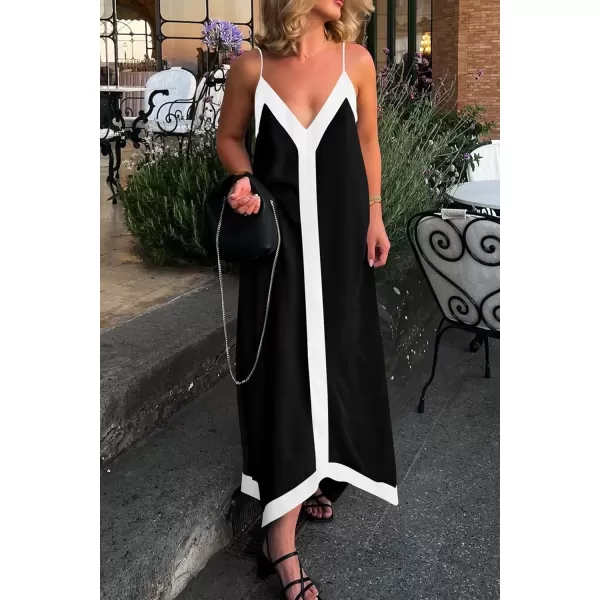 imagePRETTYGARDEN Womens 2024 Elegant Summer Dress V Neck Spaghetti Strap Flowy Maxi Cocktail Party DressesBlack