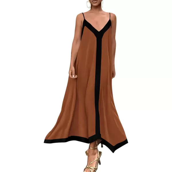 imagePRETTYGARDEN Womens 2024 Elegant Summer Dress V Neck Spaghetti Strap Flowy Maxi Cocktail Party DressesBrown