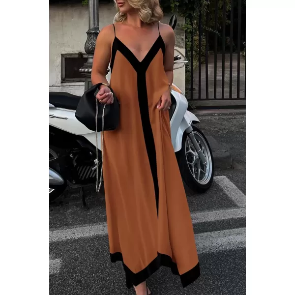 imagePRETTYGARDEN Womens 2024 Elegant Summer Dress V Neck Spaghetti Strap Flowy Maxi Cocktail Party DressesBrown