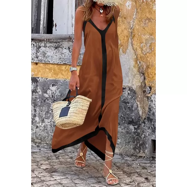 imagePRETTYGARDEN Womens 2024 Elegant Summer Dress V Neck Spaghetti Strap Flowy Maxi Cocktail Party DressesBrown