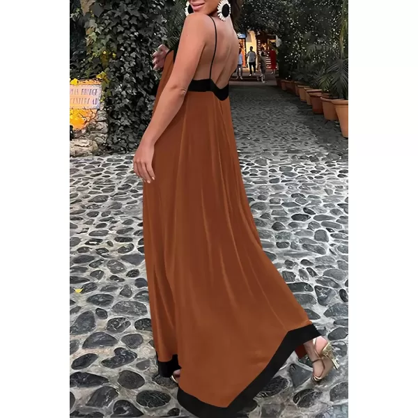 imagePRETTYGARDEN Womens 2024 Elegant Summer Dress V Neck Spaghetti Strap Flowy Maxi Cocktail Party DressesBrown