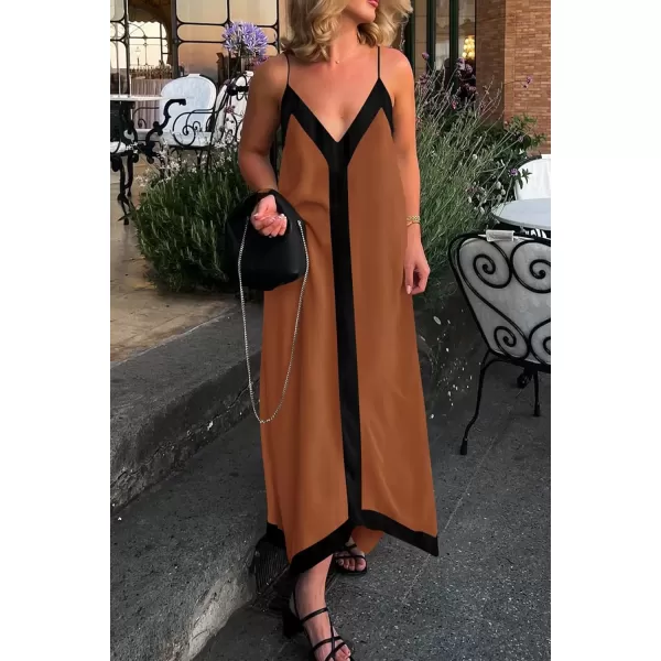 imagePRETTYGARDEN Womens 2024 Elegant Summer Dress V Neck Spaghetti Strap Flowy Maxi Cocktail Party DressesBrown