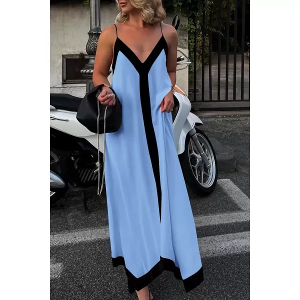 imagePRETTYGARDEN Womens 2024 Elegant Summer Dress V Neck Spaghetti Strap Flowy Maxi Cocktail Party DressesSky Blue