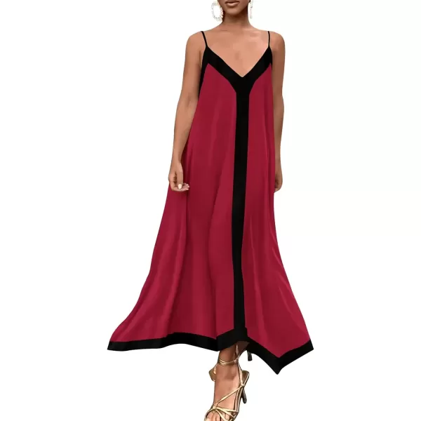 imagePRETTYGARDEN Womens 2024 Elegant Summer Dress V Neck Spaghetti Strap Flowy Maxi Cocktail Party DressesWine Red