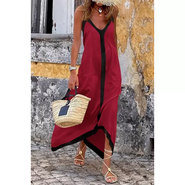 imagePRETTYGARDEN Womens 2024 Elegant Summer Dress V Neck Spaghetti Strap Flowy Maxi Cocktail Party DressesWine Red