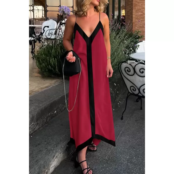 imagePRETTYGARDEN Womens 2024 Elegant Summer Dress V Neck Spaghetti Strap Flowy Maxi Cocktail Party DressesWine Red