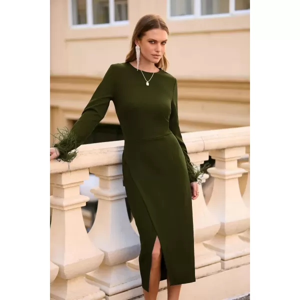 imagePRETTYGARDEN Womens 2024 Fall Long Sleeve Dress Formal Midi Bodycon Wrap Slit Feather Elegant Wedding Guest Cocktail DressesArmy Green