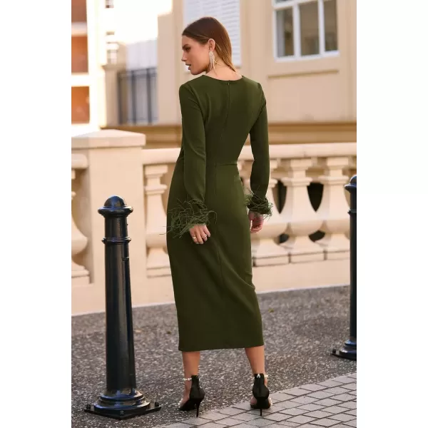 imagePRETTYGARDEN Womens 2024 Fall Long Sleeve Dress Formal Midi Bodycon Wrap Slit Feather Elegant Wedding Guest Cocktail DressesArmy Green