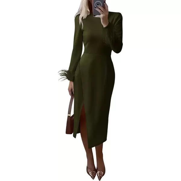 imagePRETTYGARDEN Womens 2024 Fall Long Sleeve Dress Formal Midi Bodycon Wrap Slit Feather Elegant Wedding Guest Cocktail DressesArmy Green