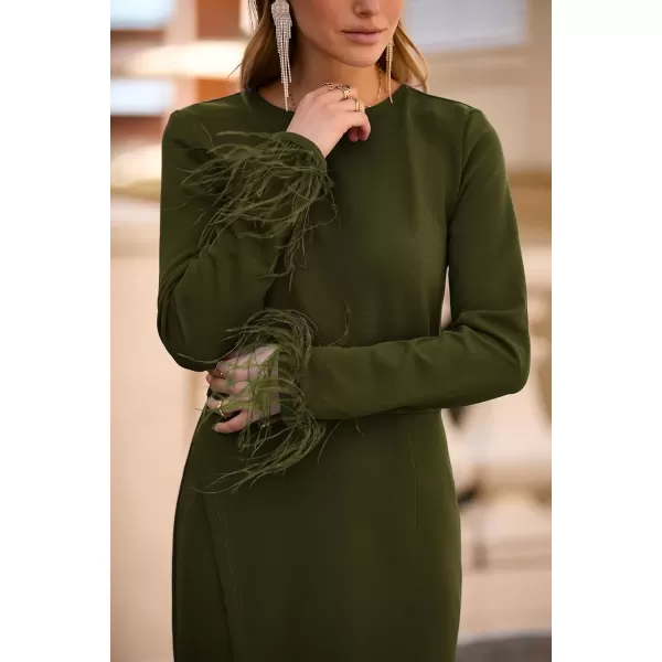 imagePRETTYGARDEN Womens 2024 Fall Long Sleeve Dress Formal Midi Bodycon Wrap Slit Feather Elegant Wedding Guest Cocktail DressesArmy Green