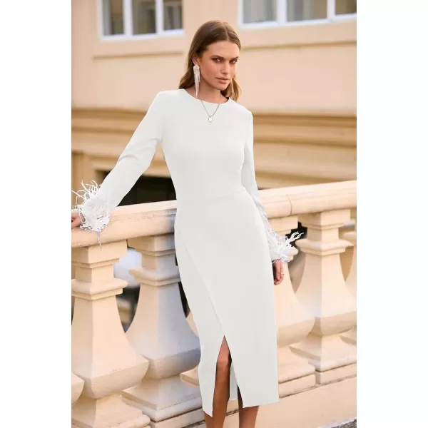 imagePRETTYGARDEN Womens 2024 Fall Long Sleeve Dress Formal Midi Bodycon Wrap Slit Feather Elegant Wedding Guest Cocktail DressesBeige White