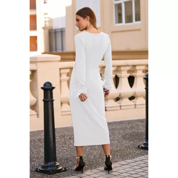 imagePRETTYGARDEN Womens 2024 Fall Long Sleeve Dress Formal Midi Bodycon Wrap Slit Feather Elegant Wedding Guest Cocktail DressesBeige White