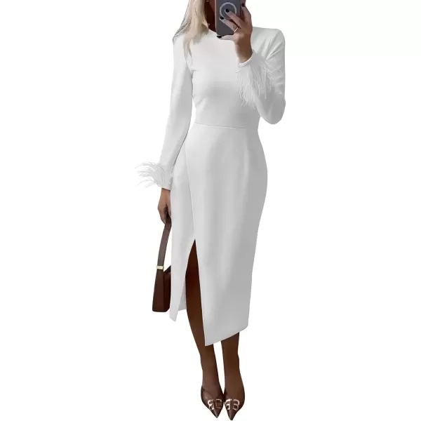 imagePRETTYGARDEN Womens 2024 Fall Long Sleeve Dress Formal Midi Bodycon Wrap Slit Feather Elegant Wedding Guest Cocktail DressesBeige White