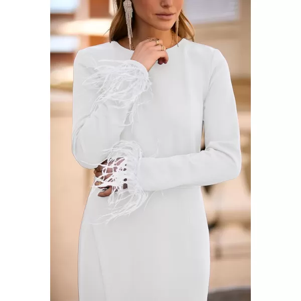 imagePRETTYGARDEN Womens 2024 Fall Long Sleeve Dress Formal Midi Bodycon Wrap Slit Feather Elegant Wedding Guest Cocktail DressesBeige White