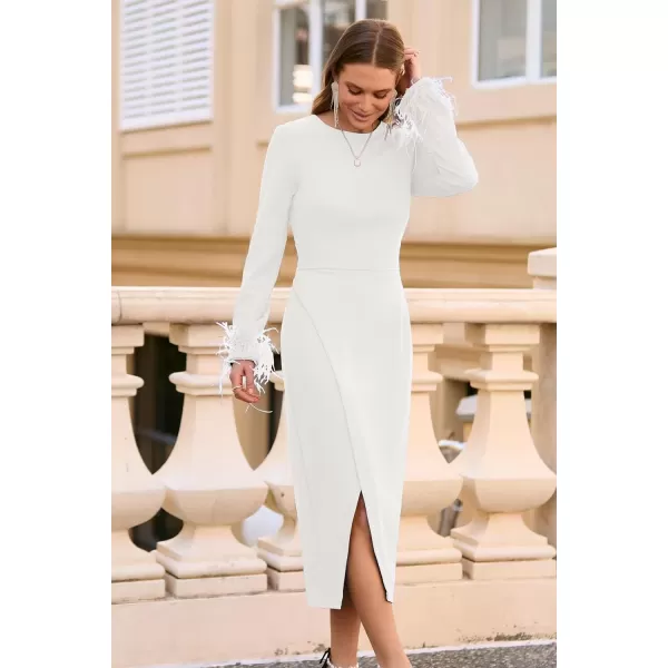 imagePRETTYGARDEN Womens 2024 Fall Long Sleeve Dress Formal Midi Bodycon Wrap Slit Feather Elegant Wedding Guest Cocktail DressesBeige White