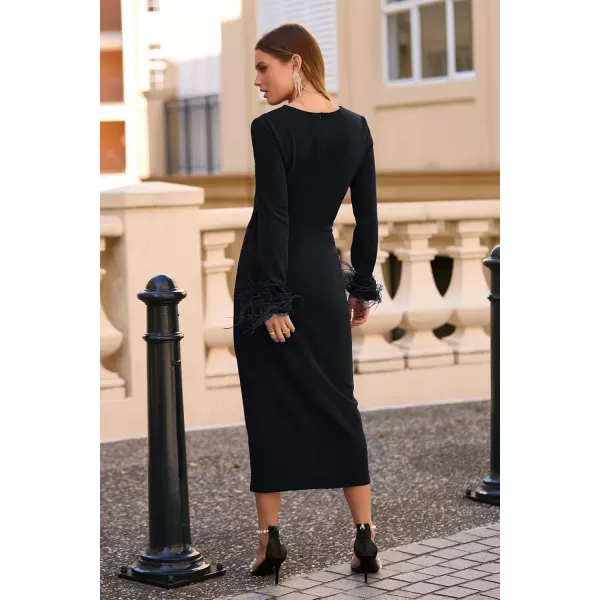 imagePRETTYGARDEN Womens 2024 Fall Long Sleeve Dress Formal Midi Bodycon Wrap Slit Feather Elegant Wedding Guest Cocktail DressesBlack