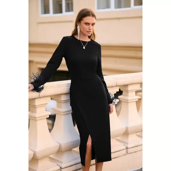 imagePRETTYGARDEN Womens 2024 Fall Long Sleeve Dress Formal Midi Bodycon Wrap Slit Feather Elegant Wedding Guest Cocktail DressesBlack