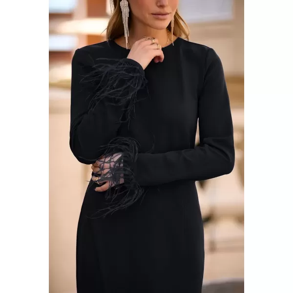 imagePRETTYGARDEN Womens 2024 Fall Long Sleeve Dress Formal Midi Bodycon Wrap Slit Feather Elegant Wedding Guest Cocktail DressesBlack