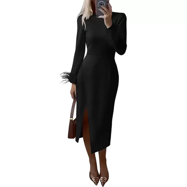 imagePRETTYGARDEN Womens 2024 Fall Long Sleeve Dress Formal Midi Bodycon Wrap Slit Feather Elegant Wedding Guest Cocktail DressesBlack