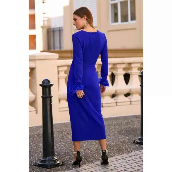 imagePRETTYGARDEN Womens 2024 Fall Long Sleeve Dress Formal Midi Bodycon Wrap Slit Feather Elegant Wedding Guest Cocktail DressesBlue