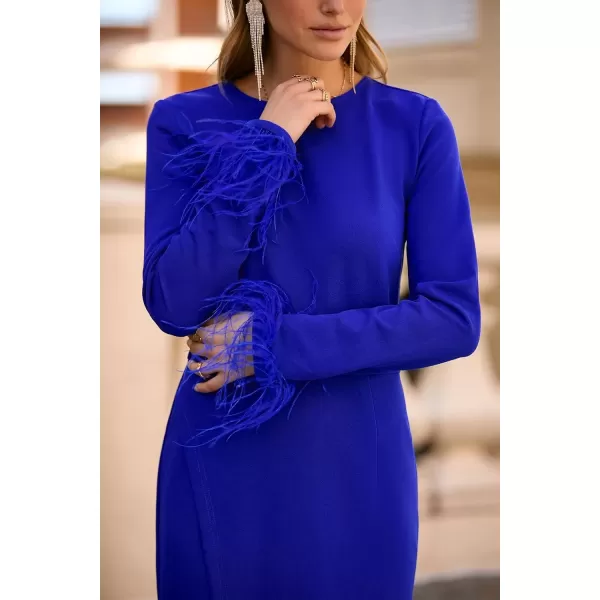 imagePRETTYGARDEN Womens 2024 Fall Long Sleeve Dress Formal Midi Bodycon Wrap Slit Feather Elegant Wedding Guest Cocktail DressesBlue