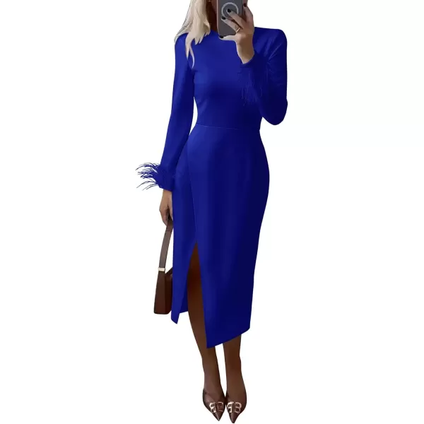 imagePRETTYGARDEN Womens 2024 Fall Long Sleeve Dress Formal Midi Bodycon Wrap Slit Feather Elegant Wedding Guest Cocktail DressesBlue