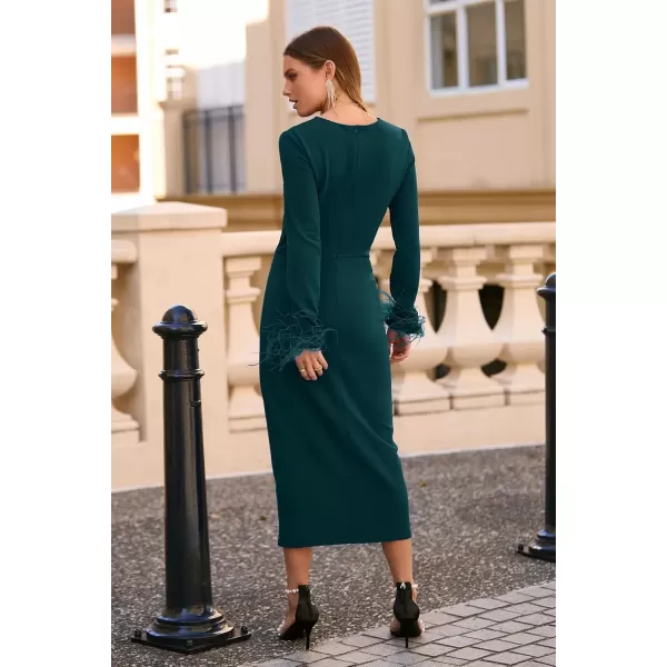 imagePRETTYGARDEN Womens 2024 Fall Long Sleeve Dress Formal Midi Bodycon Wrap Slit Feather Elegant Wedding Guest Cocktail DressesDark Green