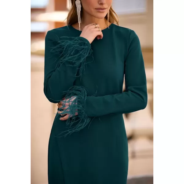imagePRETTYGARDEN Womens 2024 Fall Long Sleeve Dress Formal Midi Bodycon Wrap Slit Feather Elegant Wedding Guest Cocktail DressesDark Green