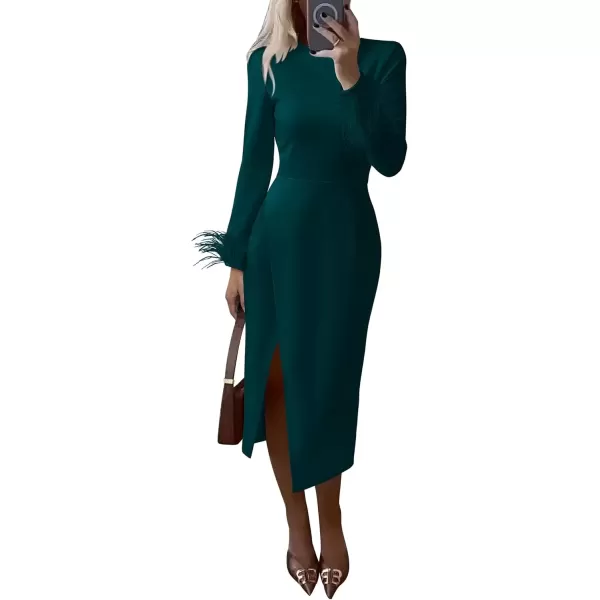 imagePRETTYGARDEN Womens 2024 Fall Long Sleeve Dress Formal Midi Bodycon Wrap Slit Feather Elegant Wedding Guest Cocktail DressesDark Green