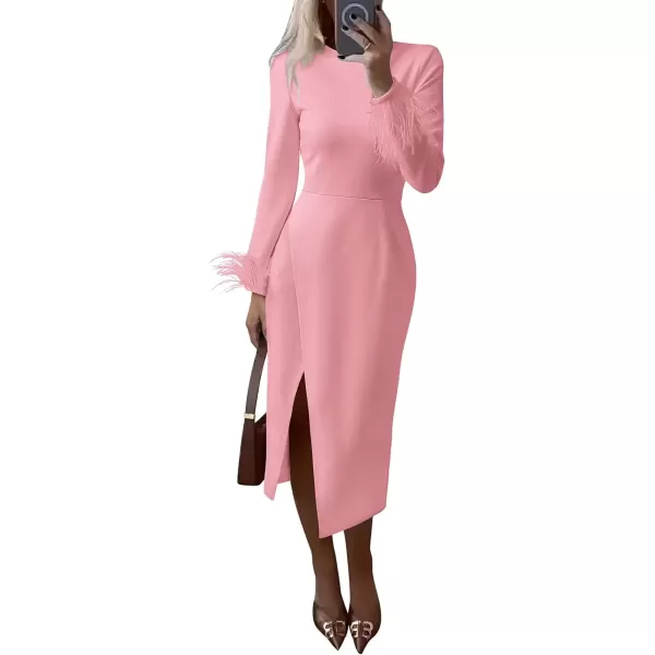 imagePRETTYGARDEN Womens 2024 Fall Long Sleeve Dress Formal Midi Bodycon Wrap Slit Feather Elegant Wedding Guest Cocktail DressesPink