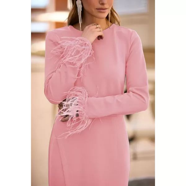 imagePRETTYGARDEN Womens 2024 Fall Long Sleeve Dress Formal Midi Bodycon Wrap Slit Feather Elegant Wedding Guest Cocktail DressesPink