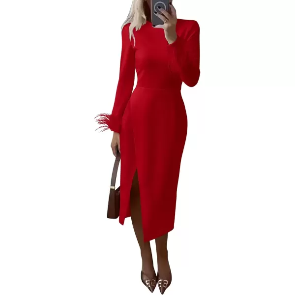 imagePRETTYGARDEN Womens 2024 Fall Long Sleeve Dress Formal Midi Bodycon Wrap Slit Feather Elegant Wedding Guest Cocktail DressesRed