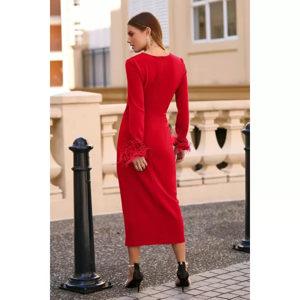 imagePRETTYGARDEN Womens 2024 Fall Long Sleeve Dress Formal Midi Bodycon Wrap Slit Feather Elegant Wedding Guest Cocktail DressesRed