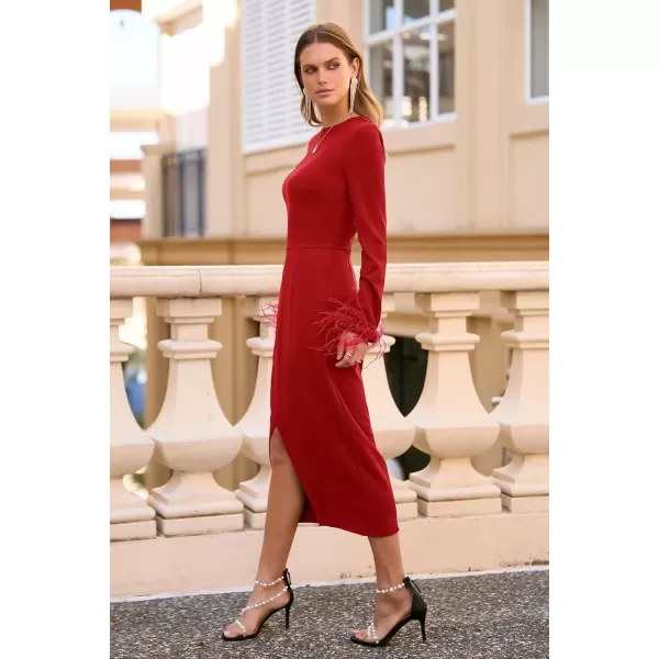 imagePRETTYGARDEN Womens 2024 Fall Long Sleeve Dress Formal Midi Bodycon Wrap Slit Feather Elegant Wedding Guest Cocktail DressesRed