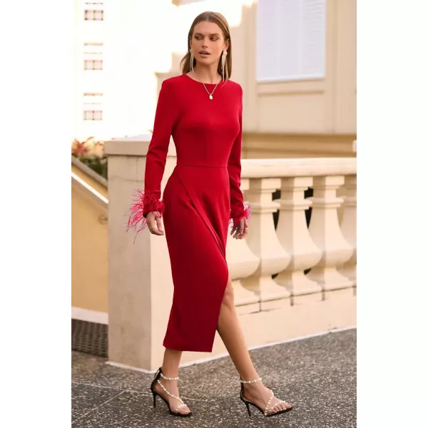 imagePRETTYGARDEN Womens 2024 Fall Long Sleeve Dress Formal Midi Bodycon Wrap Slit Feather Elegant Wedding Guest Cocktail DressesRed