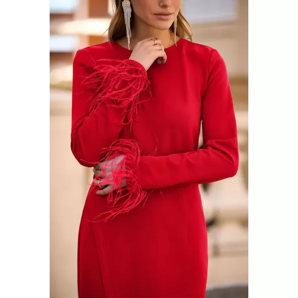 imagePRETTYGARDEN Womens 2024 Fall Long Sleeve Dress Formal Midi Bodycon Wrap Slit Feather Elegant Wedding Guest Cocktail DressesRed