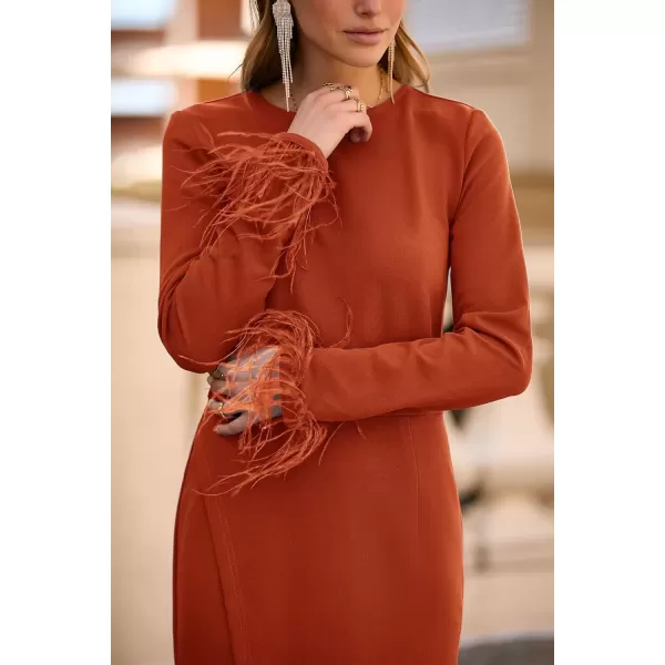 imagePRETTYGARDEN Womens 2024 Fall Long Sleeve Dress Formal Midi Bodycon Wrap Slit Feather Elegant Wedding Guest Cocktail DressesRust Red