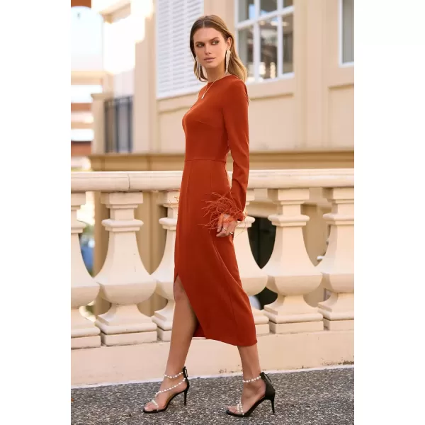 imagePRETTYGARDEN Womens 2024 Fall Long Sleeve Dress Formal Midi Bodycon Wrap Slit Feather Elegant Wedding Guest Cocktail DressesRust Red