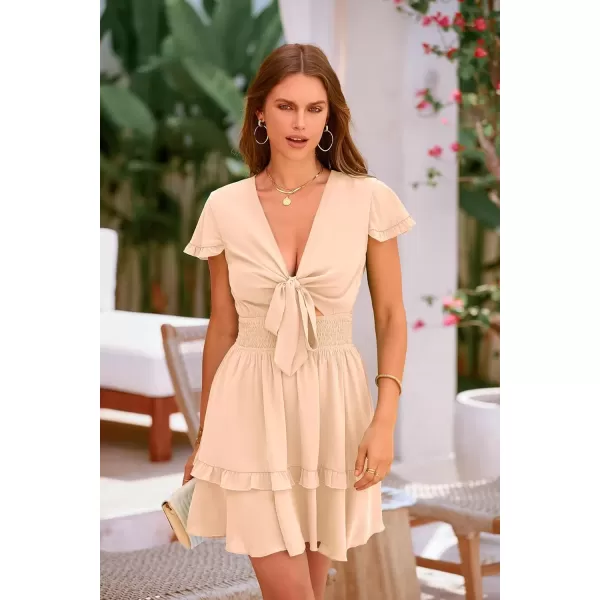 imagePRETTYGARDEN Womens 2024 Summer Swing Mini Dress Tie Front V Neck Short Sleeve Ruffle Layer ALine Short DressApricot