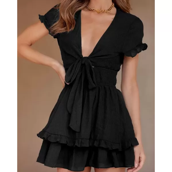 imagePRETTYGARDEN Womens 2024 Summer Swing Mini Dress Tie Front V Neck Short Sleeve Ruffle Layer ALine Short DressBlack