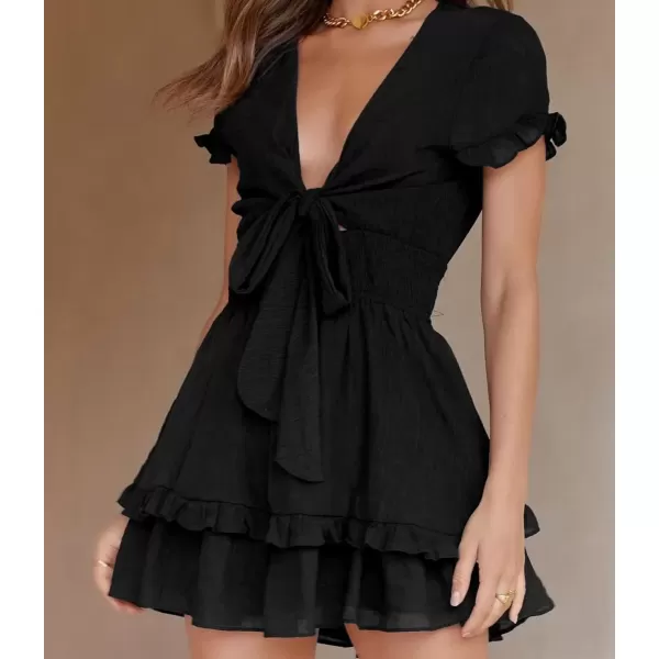 imagePRETTYGARDEN Womens 2024 Summer Swing Mini Dress Tie Front V Neck Short Sleeve Ruffle Layer ALine Short DressBlack
