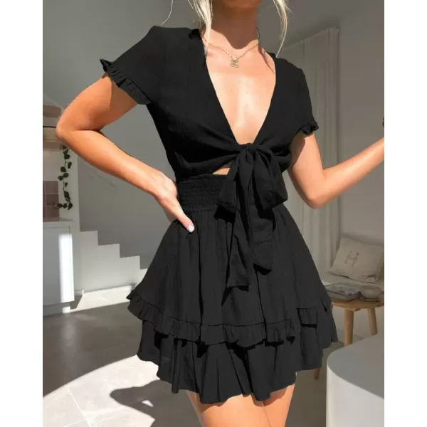 imagePRETTYGARDEN Womens 2024 Summer Swing Mini Dress Tie Front V Neck Short Sleeve Ruffle Layer ALine Short DressBlack