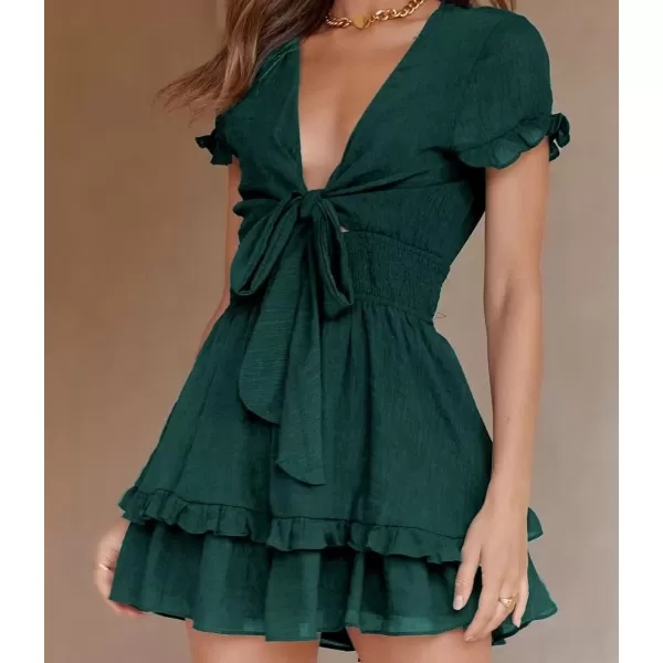 imagePRETTYGARDEN Womens 2024 Summer Swing Mini Dress Tie Front V Neck Short Sleeve Ruffle Layer ALine Short DressDark Green