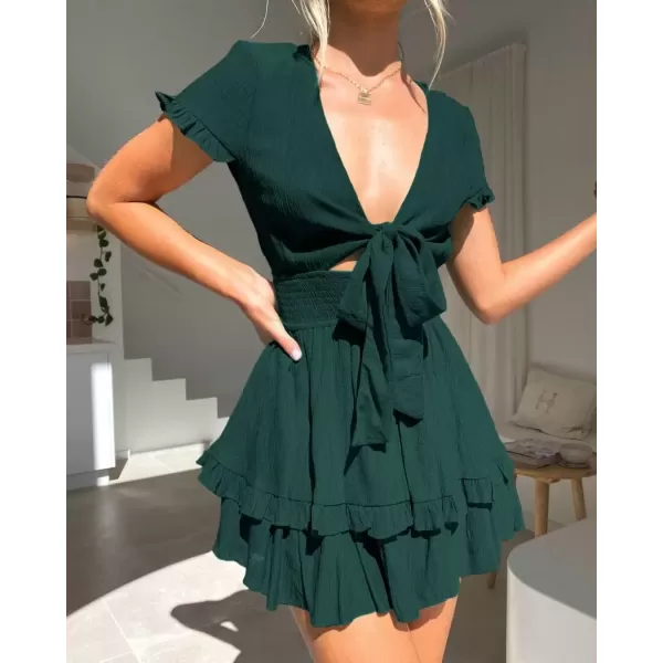 imagePRETTYGARDEN Womens 2024 Summer Swing Mini Dress Tie Front V Neck Short Sleeve Ruffle Layer ALine Short DressDark Green
