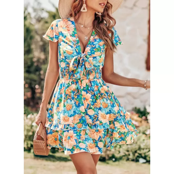 imagePRETTYGARDEN Womens 2024 Summer Swing Mini Dress Tie Front V Neck Short Sleeve Ruffle Layer ALine Short DressFloral Blue