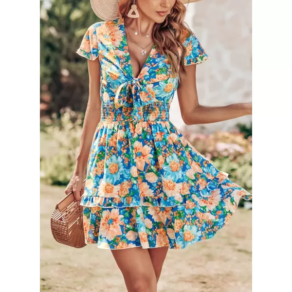 imagePRETTYGARDEN Womens 2024 Summer Swing Mini Dress Tie Front V Neck Short Sleeve Ruffle Layer ALine Short DressFloral Blue