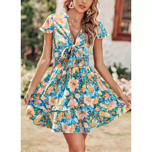 imagePRETTYGARDEN Womens 2024 Summer Swing Mini Dress Tie Front V Neck Short Sleeve Ruffle Layer ALine Short DressFloral Blue