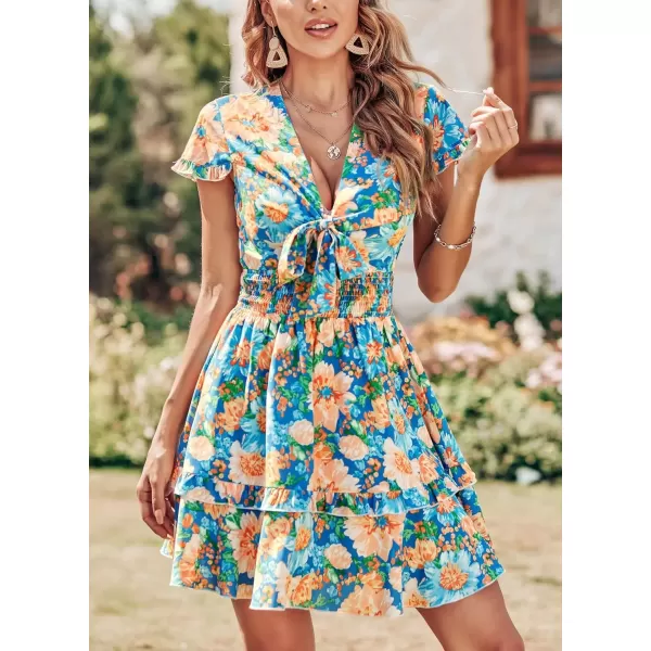 imagePRETTYGARDEN Womens 2024 Summer Swing Mini Dress Tie Front V Neck Short Sleeve Ruffle Layer ALine Short DressFloral Blue