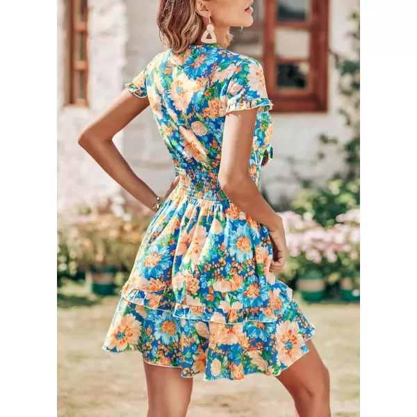 imagePRETTYGARDEN Womens 2024 Summer Swing Mini Dress Tie Front V Neck Short Sleeve Ruffle Layer ALine Short DressFloral Blue