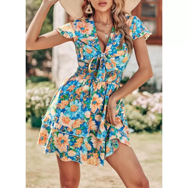imagePRETTYGARDEN Womens 2024 Summer Swing Mini Dress Tie Front V Neck Short Sleeve Ruffle Layer ALine Short DressFloral Blue